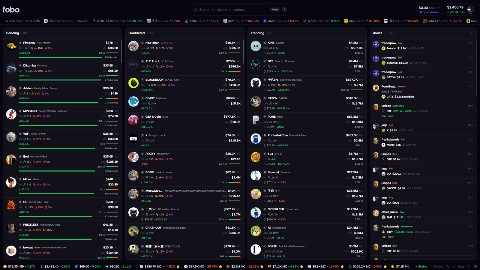 fobo terminal running on fomo.family: three live columns — Bonding, Graduated and Trending — beside alerts, watchlist, feed and pinned holdings.